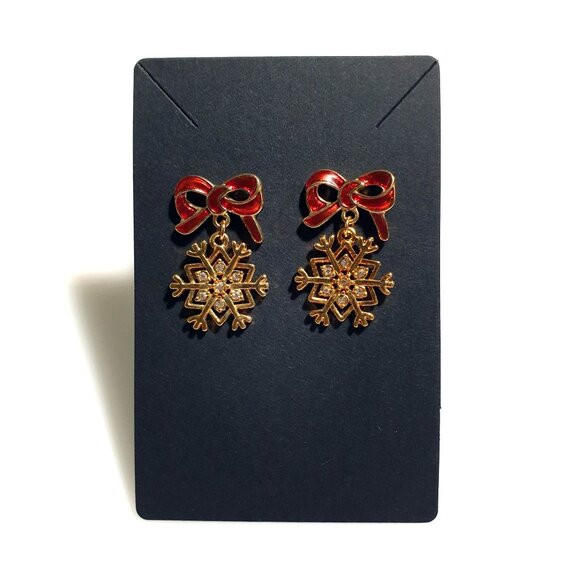Vintage Holiday Red Bow Gold Snowflake Dangle Earrings Christmas Gift Fashion - Picture 1 of 4